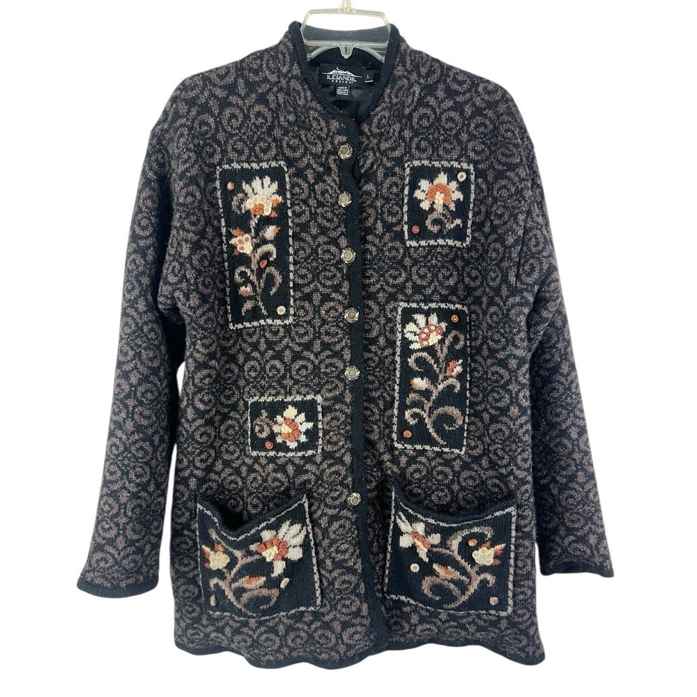 Icelandic Design 100% Wool Cardigan Floral Nordic L Cottage Forest Fairy Preppy